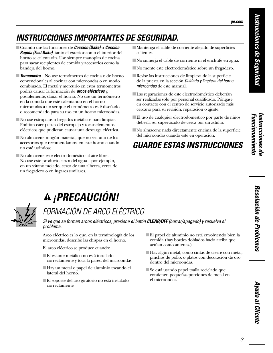Precaución, Instrucciones importantes de seguridad | GE SPACEMAKER JVM1490 User Manual | Page 39 / 72