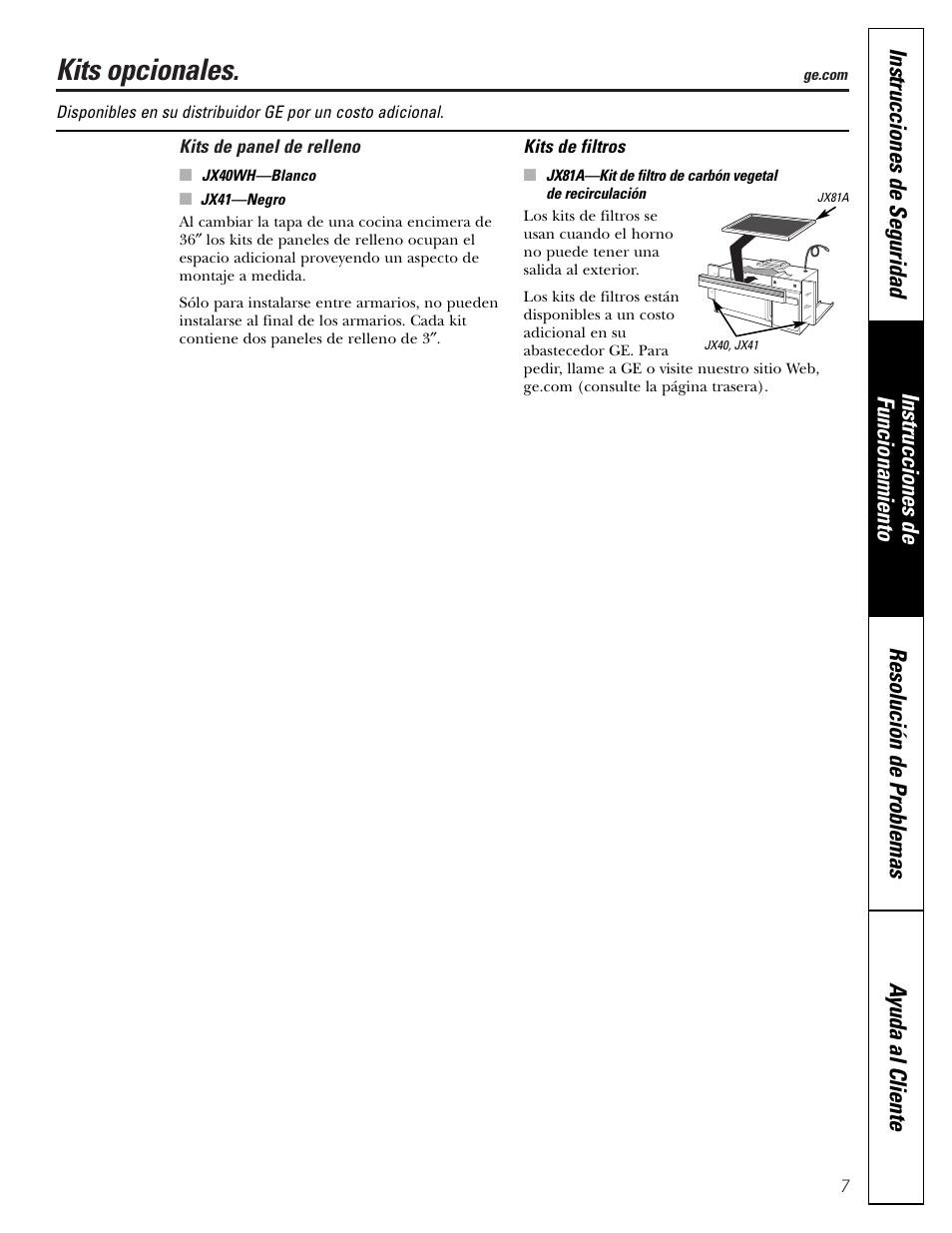 Kits opcionales | GE SPACEMAKER JVM1490 User Manual | Page 43 / 72