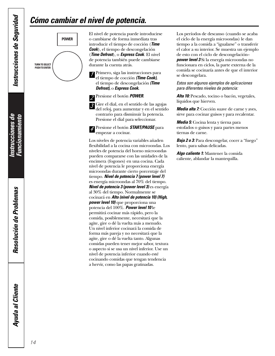 Cambio de nivel de potencia, Cómo cambiar el nivel de potencia | GE SPACEMAKER JVM1490 User Manual | Page 50 / 72