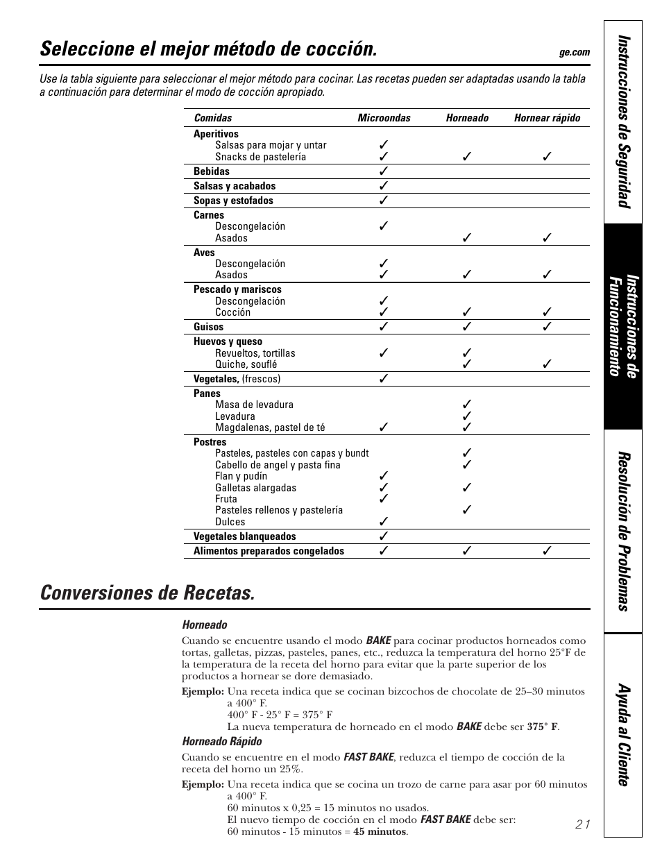 Tabla con el mejor método para cocinar, Conversiones de recetas, Seleccione el mejor método de cocción | GE SPACEMAKER JVM1490 User Manual | Page 57 / 72