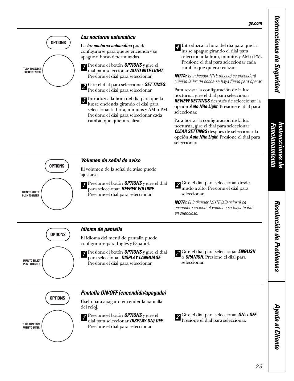 Idioma de pantalla, Luz nocturna automática, Pantalla on/off (encendida/apagada) | Volumen de señal de aviso | GE SPACEMAKER JVM1490 User Manual | Page 59 / 72