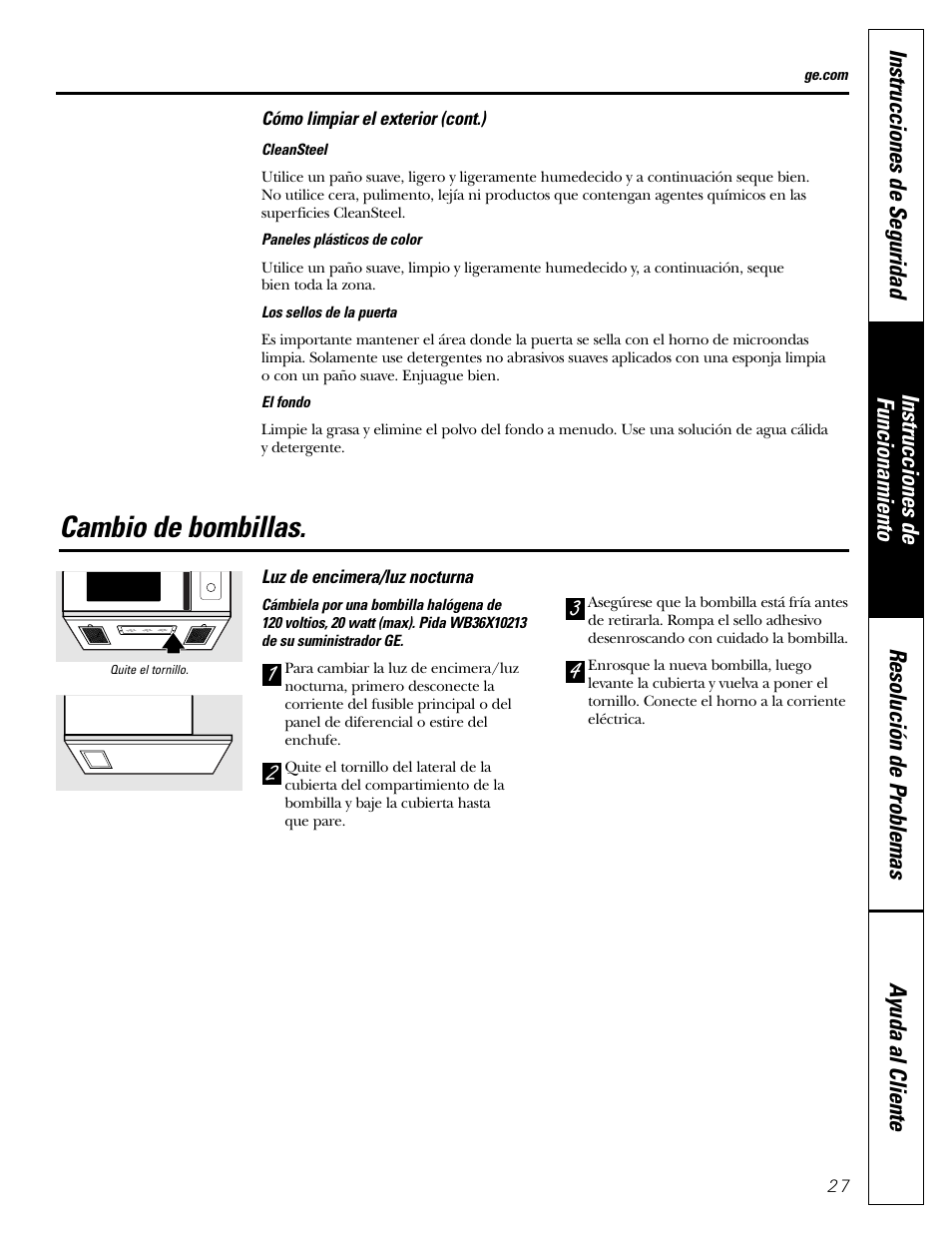 Reemplazo de bombillas, Cambio de bombillas | GE SPACEMAKER JVM1490 User Manual | Page 63 / 72