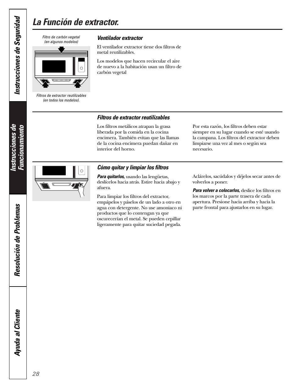 Filtros del extractor, La función de extractor | GE SPACEMAKER JVM1490 User Manual | Page 64 / 72