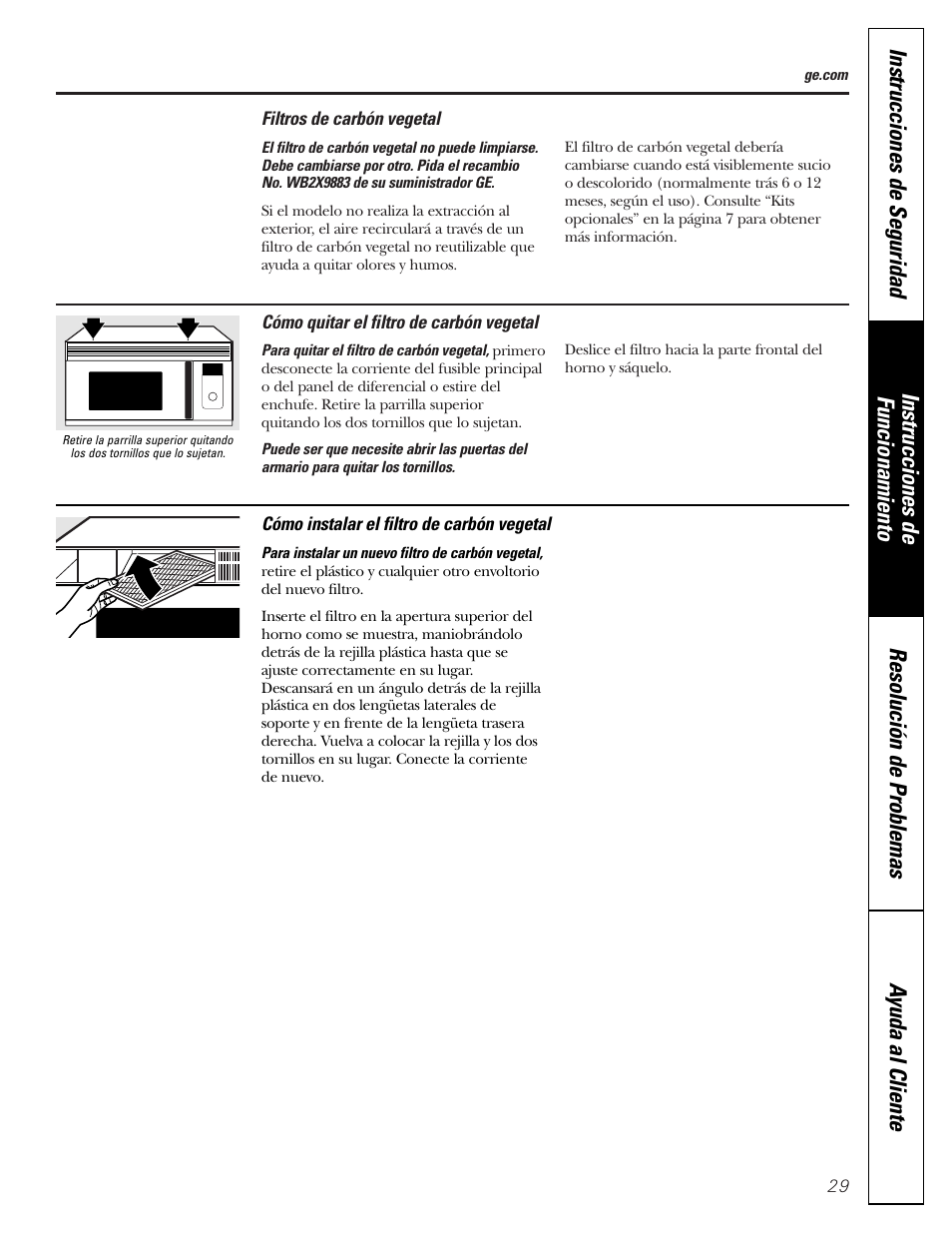 Filtros de carbón vegetal | GE SPACEMAKER JVM1490 User Manual | Page 65 / 72