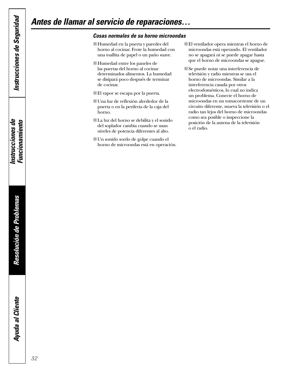 Cosas normales de su horno microondas, Antes de llamar al servicio de reparaciones | GE SPACEMAKER JVM1490 User Manual | Page 68 / 72