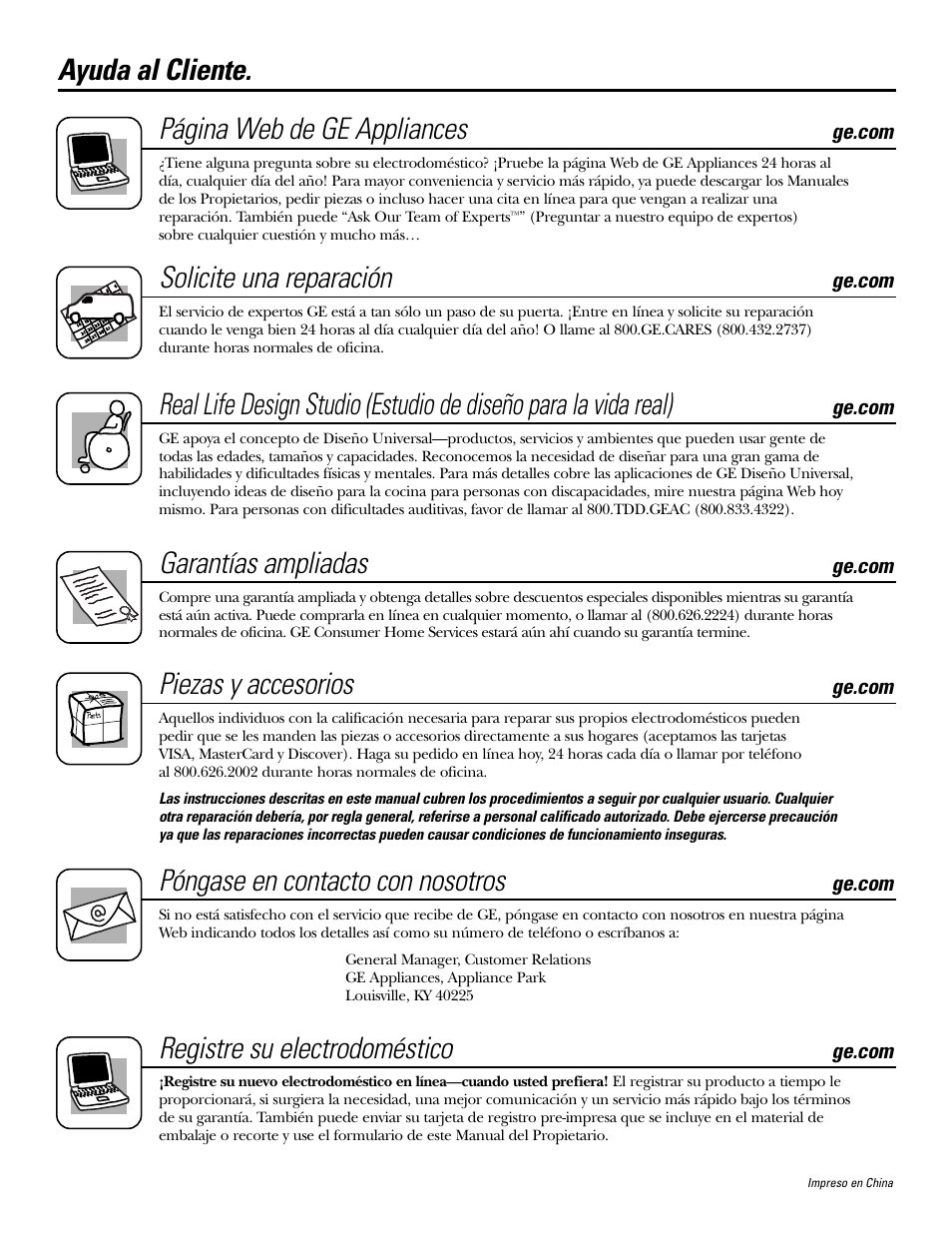 Ayuda al cliente, Ayuda al cliente. página web de ge appliances, Solicite una reparación | Garantías ampliadas, Piezas y accesorios, Póngase en contacto con nosotros, Registre su electrodoméstico | GE SPACEMAKER JVM1490 User Manual | Page 72 / 72