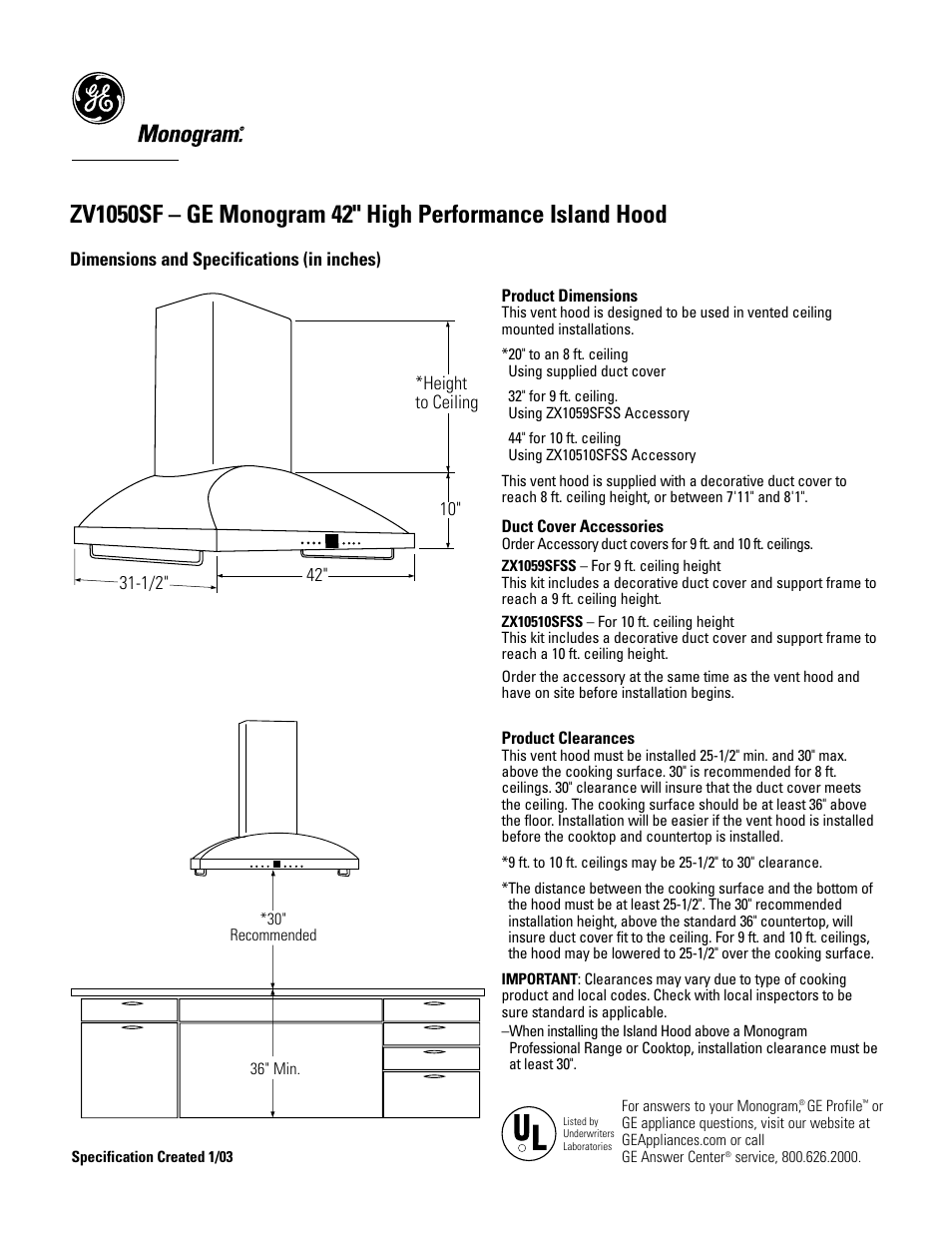 GE MONOGRAM ZV1050SF User Manual | 2 pages
