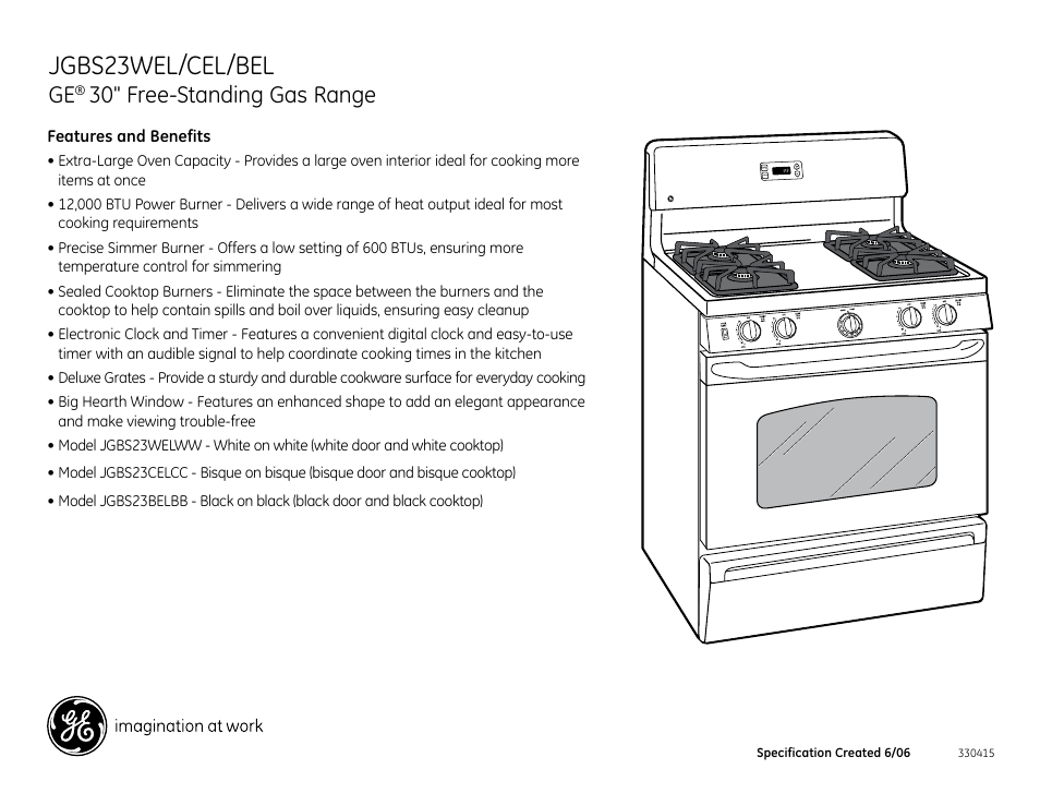 Jgbs23wel/cel/bel, 30" free-standing gas range | GE JGBS23BEL User Manual | Page 2 / 2