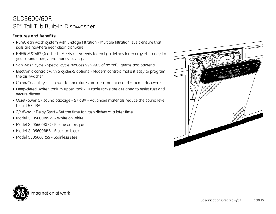 Tall tub built-in dishwasher | GE Profile GLD5600 User Manual | Page 2 / 2