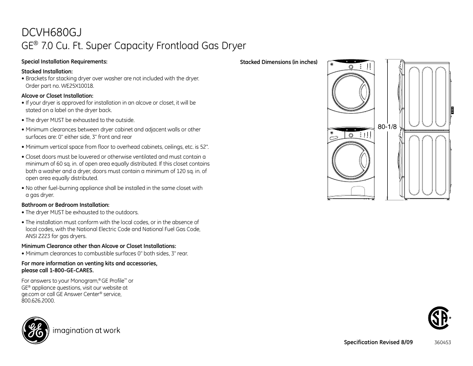 Dcvh680gj, 0 cu. ft. super capacity frontload gas dryer | GE DCVH680GJMV User Manual | Page 2 / 4