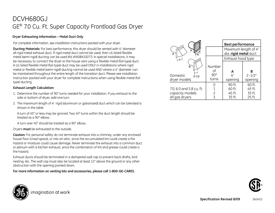 Dcvh680gj, 0 cu. ft. super capacity frontload gas dryer | GE DCVH680GJMV User Manual | Page 3 / 4