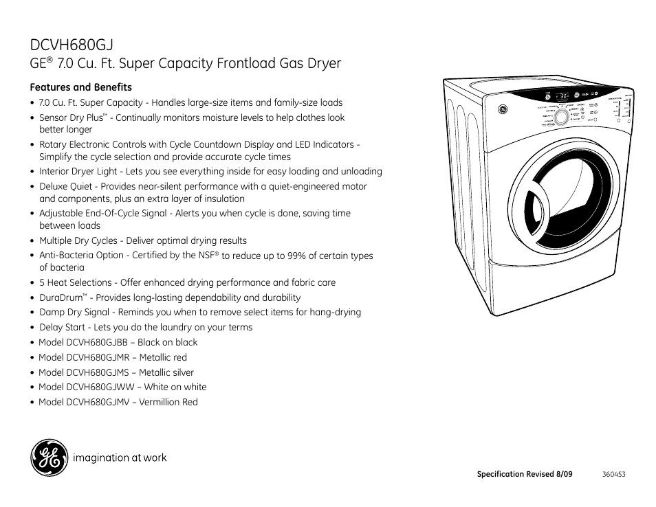 Dcvh680gj, 0 cu. ft. super capacity frontload gas dryer | GE DCVH680GJMV User Manual | Page 4 / 4