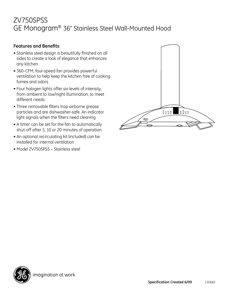 Zv755pss, Zv750spss ge monogram, 36" stainless steel wall-mounted hood | GE Monogram ZV750SPSS User Manual | Page 2 / 2