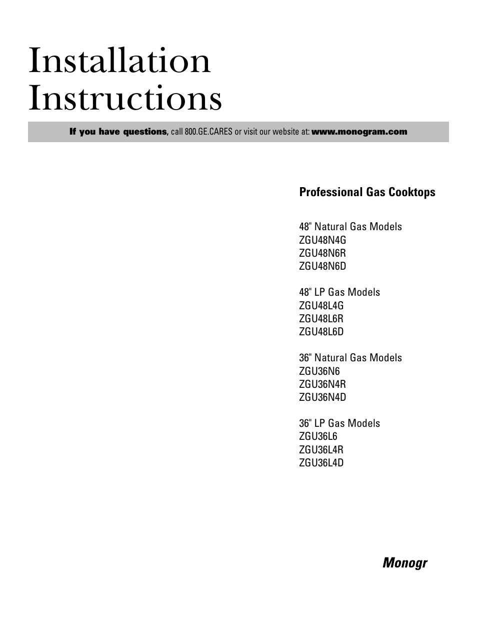 GE ZGU48L6R User Manual | 12 pages