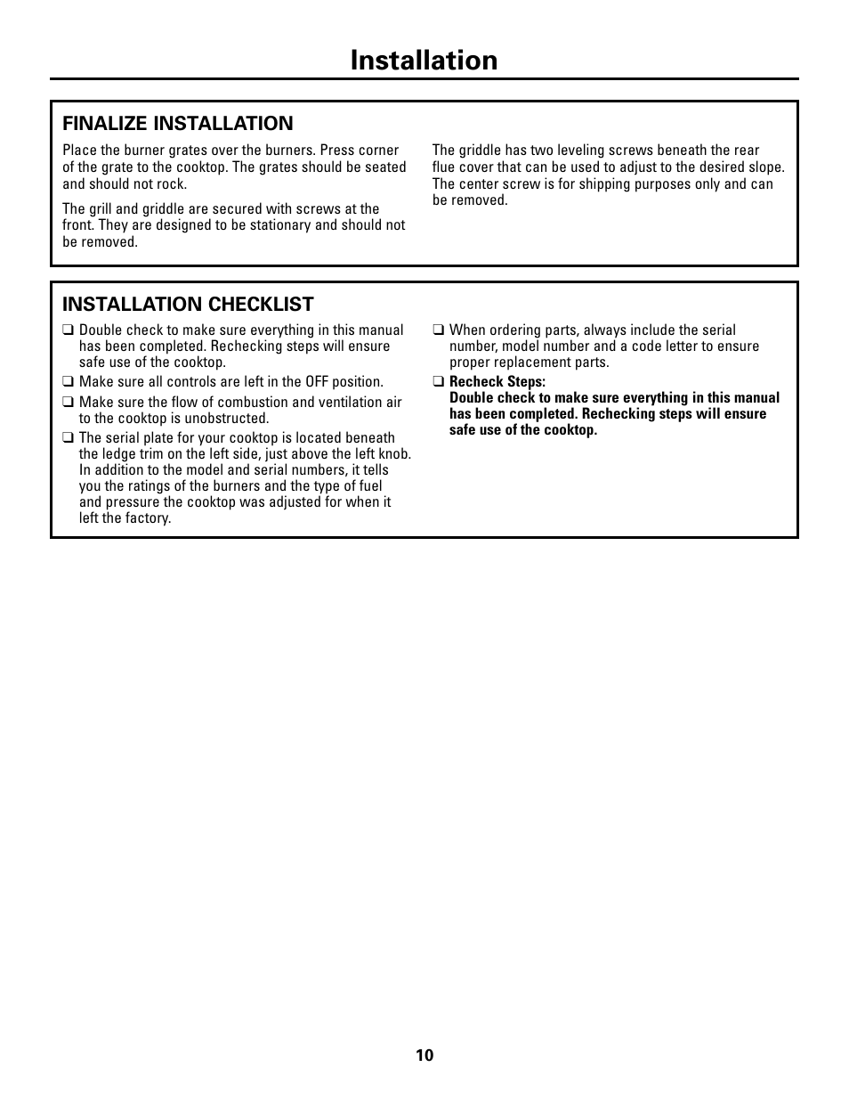 Finalize installation, Installation checklist, Finalize installation installation checklist | Installation | GE ZGU48L6R User Manual | Page 10 / 12