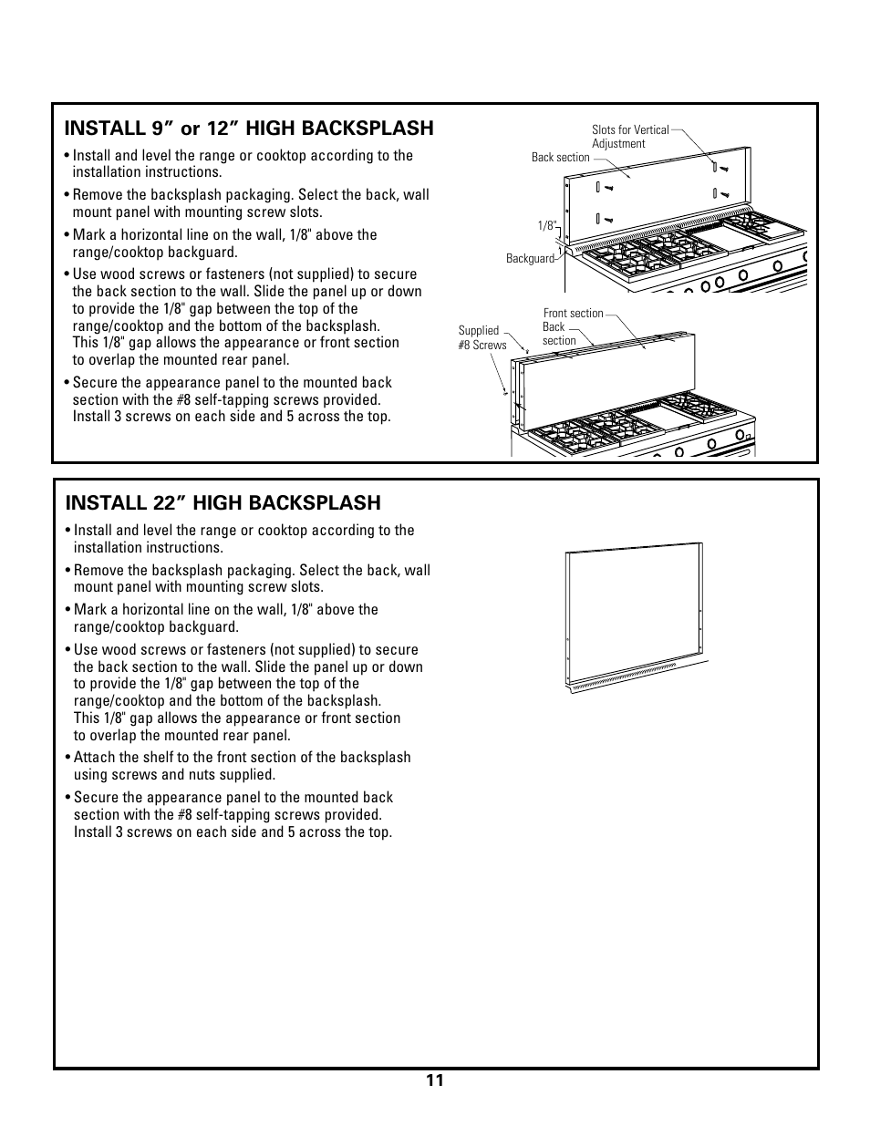 Install the cooktop backsplash accessory, Install 9” or 12” high backsplash, Install 22” high backsplash | GE ZGU48L6R User Manual | Page 11 / 12