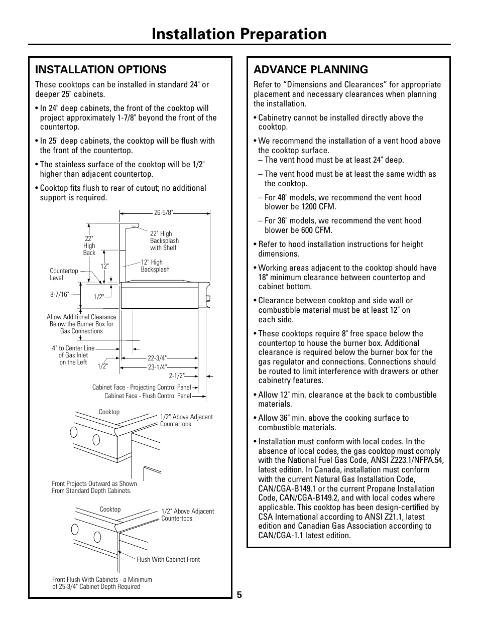 Installation options, Advance planning, Installation options advance planning | Installation preparation | GE ZGU48L6R User Manual | Page 5 / 12