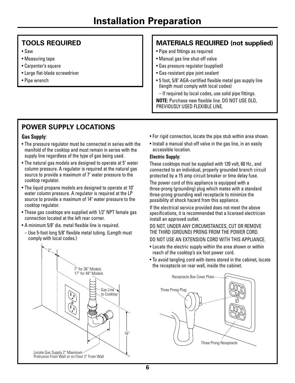 Tools and materials required, Power supply locations, Installation preparation | Tools required, Materials required (not supplied) | GE ZGU48L6R User Manual | Page 6 / 12