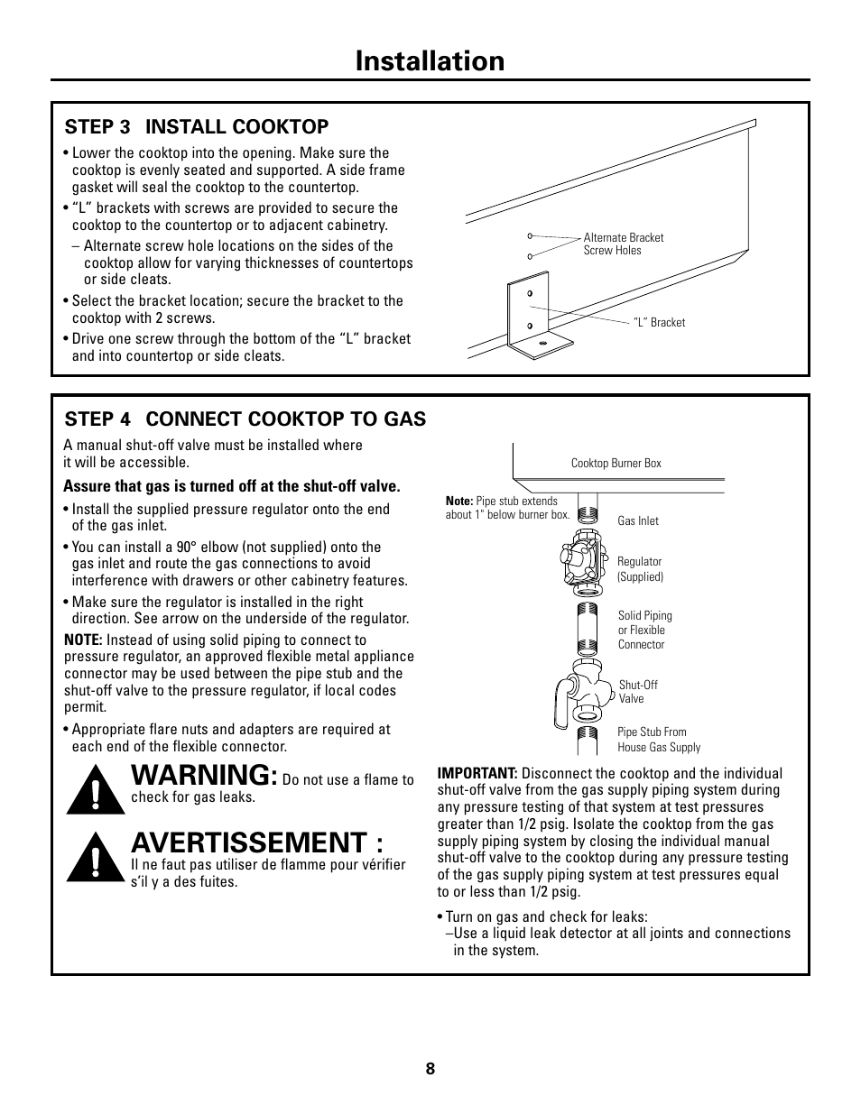 Step 3, install the cooktop, Step 4, connect cooktop to gas, Warning | Avertissement, Installation | GE ZGU48L6R User Manual | Page 8 / 12