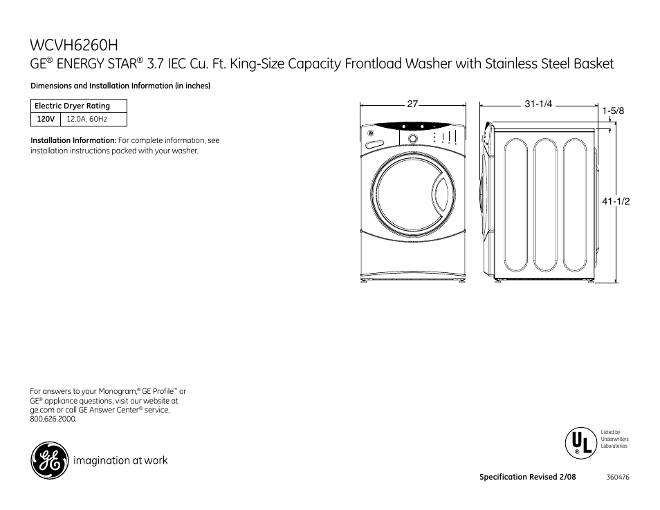 GE Energy Star WCVH6260HWW User Manual | 3 pages