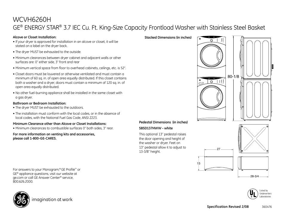 Wcvh6260h, Energy star | GE Energy Star WCVH6260HWW User Manual | Page 2 / 3