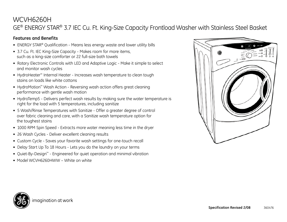 Wcvh6260h, Energy star | GE Energy Star WCVH6260HWW User Manual | Page 3 / 3