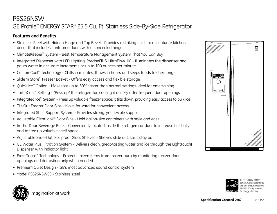 Pss26nsw, Geprofile, Energystar | 5cu.ft.stainlessside-by-siderefrigerator | GE ENERGY STAR PSS26NSW User Manual | Page 2 / 2