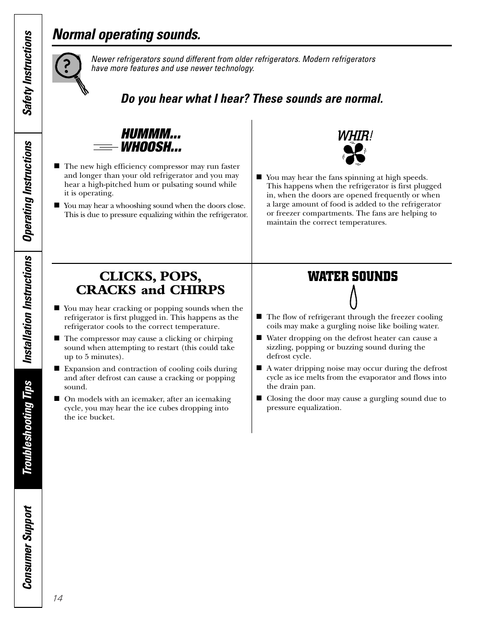 Troubleshooting tips, Normal operating sounds, Hummm... whoosh | Clicks, pops, cracks and chirps, Water sounds, Do you hear what i hear? these sounds are normal | GE 11 User Manual | Page 14 / 20