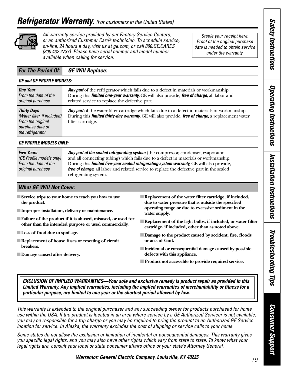 Warranty, Refrigerator warranty | GE 11 User Manual | Page 19 / 20