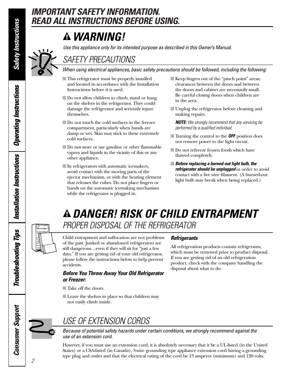 Safety instructions, Warning, Danger! risk of child entrapment | Safety precautions, Proper disposal of the refrigerator, Use of extension cords | GE 11 User Manual | Page 2 / 20