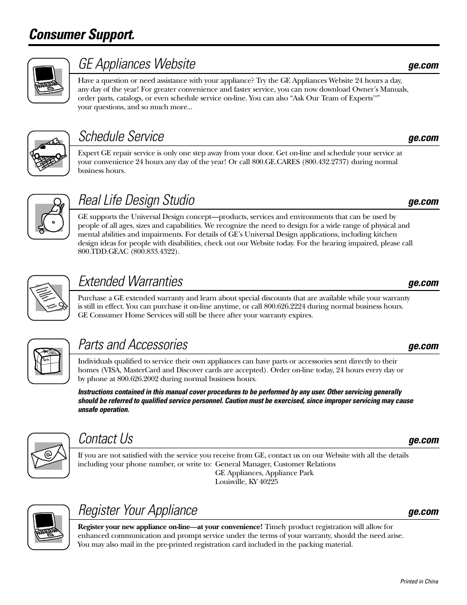 Consumer support, Consumer support . . . back cover, Consumer support. ge appliances website | Schedule service, Real life design studio, Extended warranties, Parts and accessories, Contact us, Register your appliance | GE 11 User Manual | Page 20 / 20