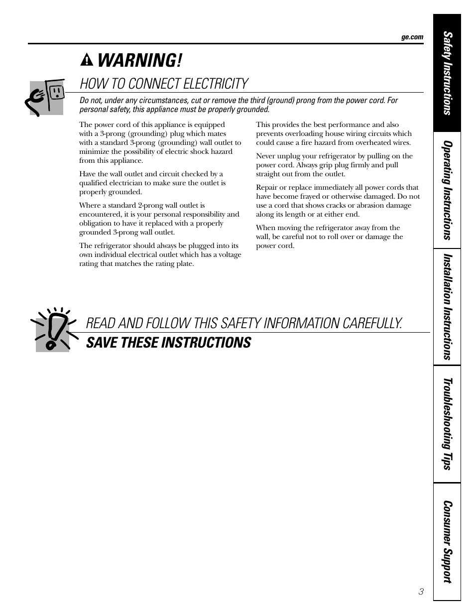 Warning, How to connect electricity | GE 11 User Manual | Page 3 / 20