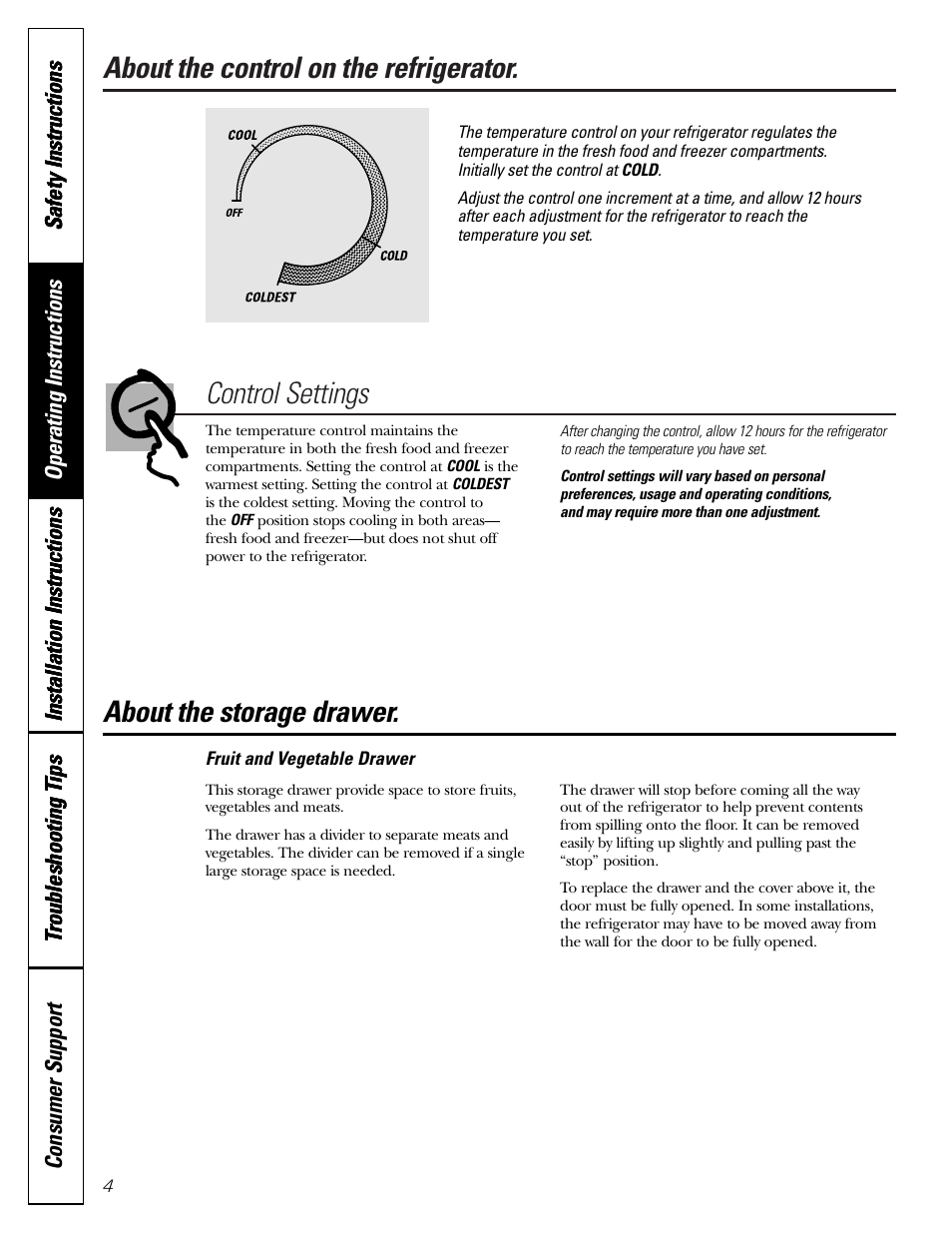 Control settings, Storage drawer, About the storage drawer | GE 11 User Manual | Page 4 / 20