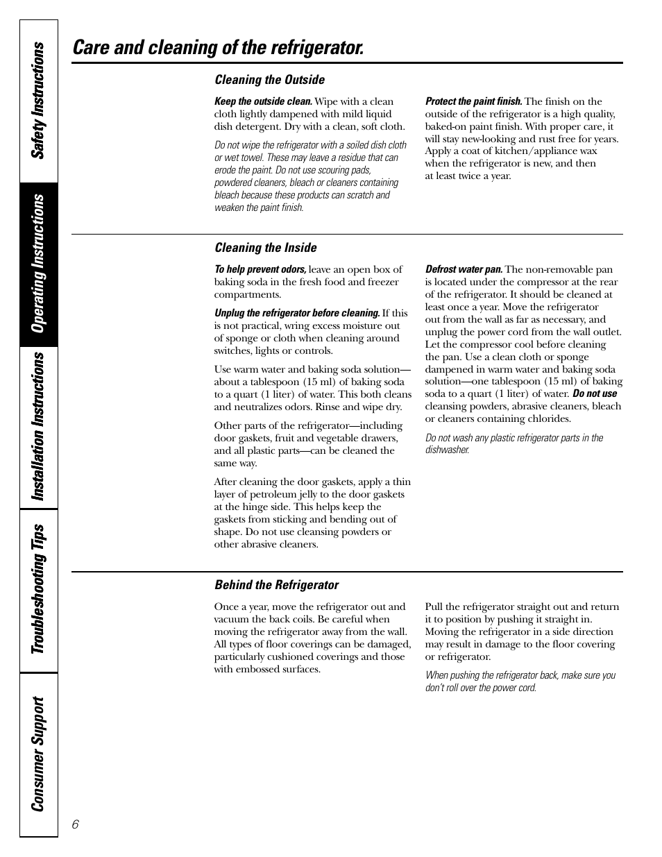 Care and cleaning, Care and cleaning , 7, Care and cleaning of the refrigerator | GE 11 User Manual | Page 6 / 20