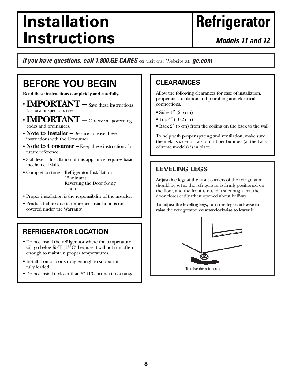 Preparing to install the refrigerator, Installation refrigerator instructions, Before you begin | Important, Models 11 and 12 | GE 11 User Manual | Page 8 / 20