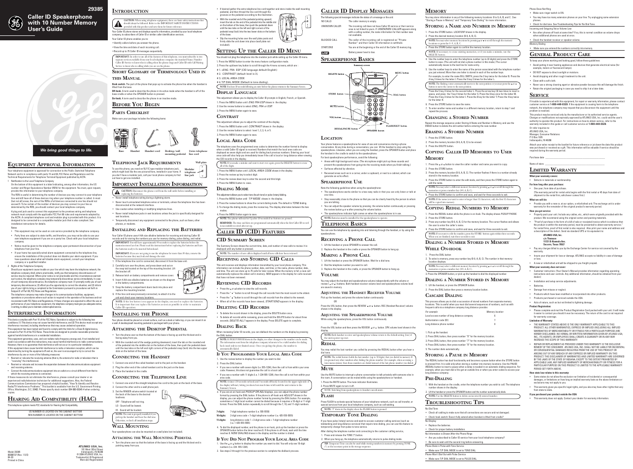 GE 29385 User Manual | 2 pages