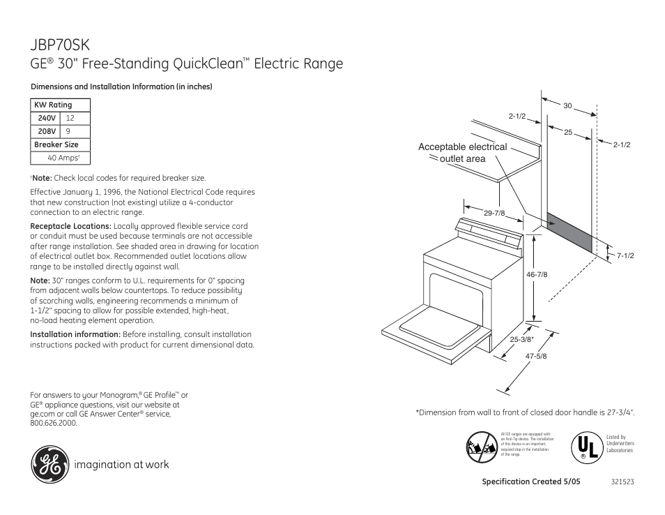 GE 30" FREE-STANDING QUICKCLEAN JBP70SK User Manual | 2 pages