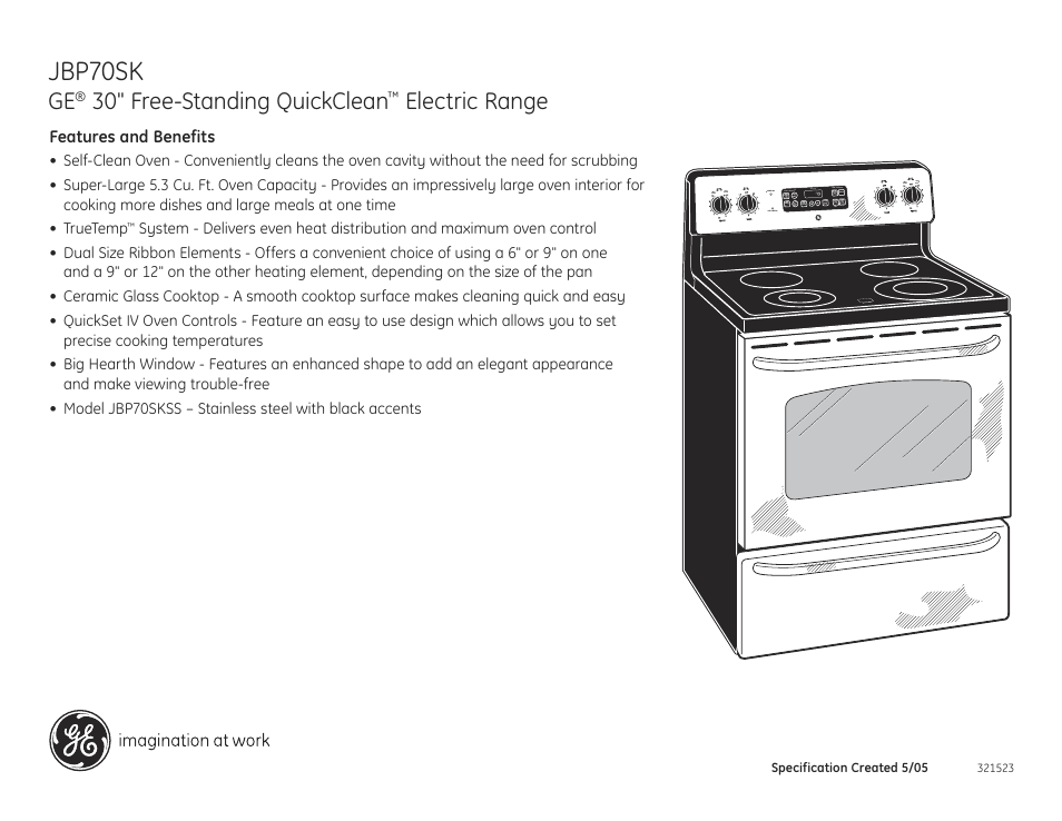 Jbp70sk, 30" free-standing quickclean, Electric range | GE 30" FREE-STANDING QUICKCLEAN JBP70SK User Manual | Page 2 / 2