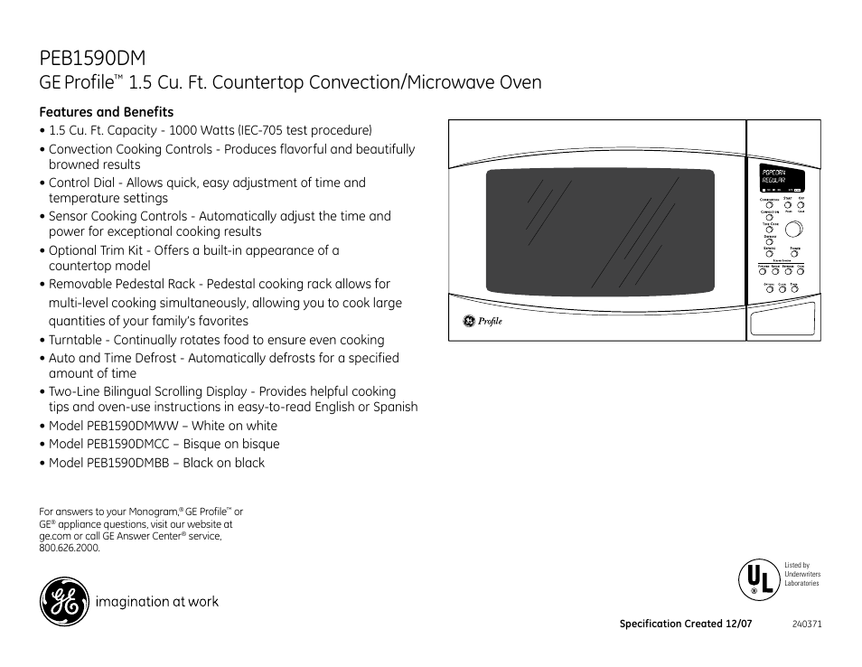 Peb1590dm, Profile, 5 cu. ft. countertop convection/microwave oven | GE Profile PEB1590DM User Manual | Page 2 / 2