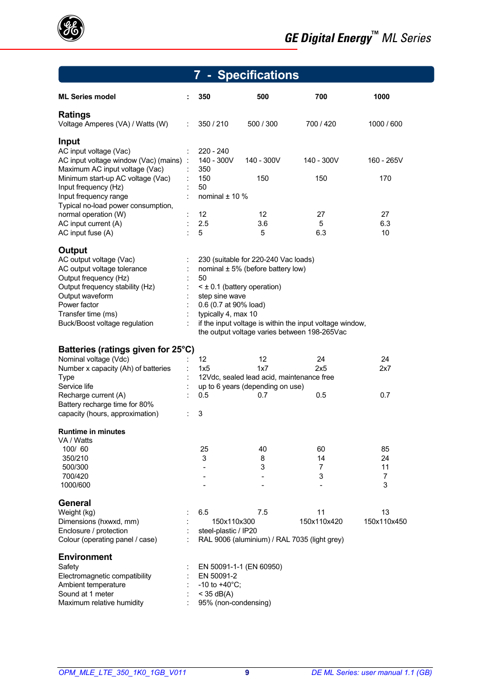 Ge digital energy, Ml series, 7 - specifications | GE 500 User Manual | Page 10 / 10