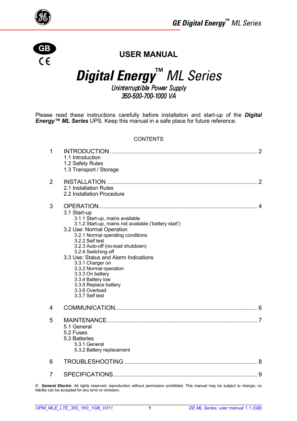 Digital energy, User manual, Ge digital energy | Ml series | GE 500 User Manual | Page 2 / 10