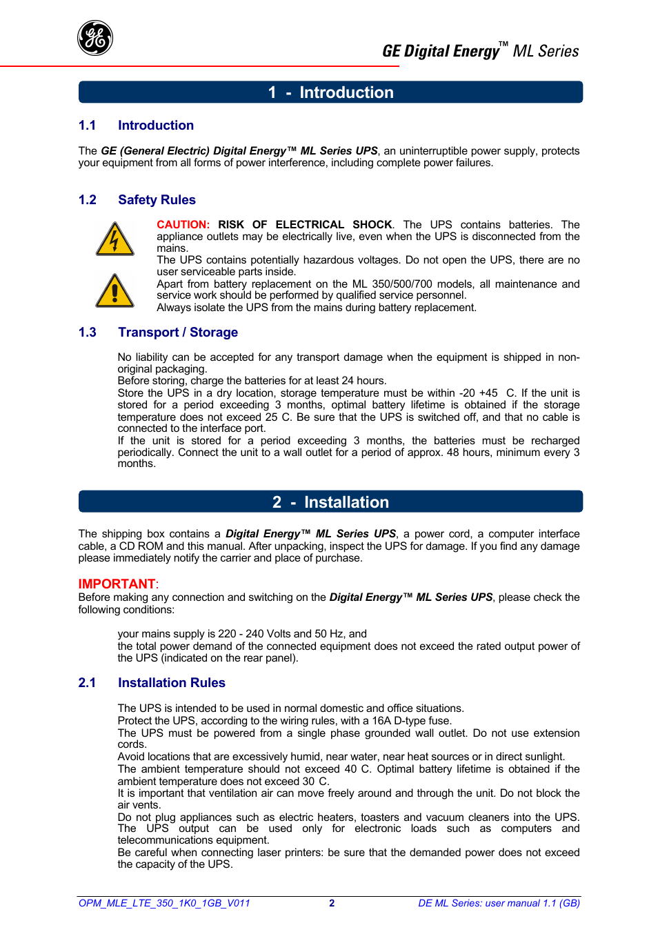 Ge digital energy, Ml series, 1 - introduction | 2 - installation | GE 500 User Manual | Page 3 / 10