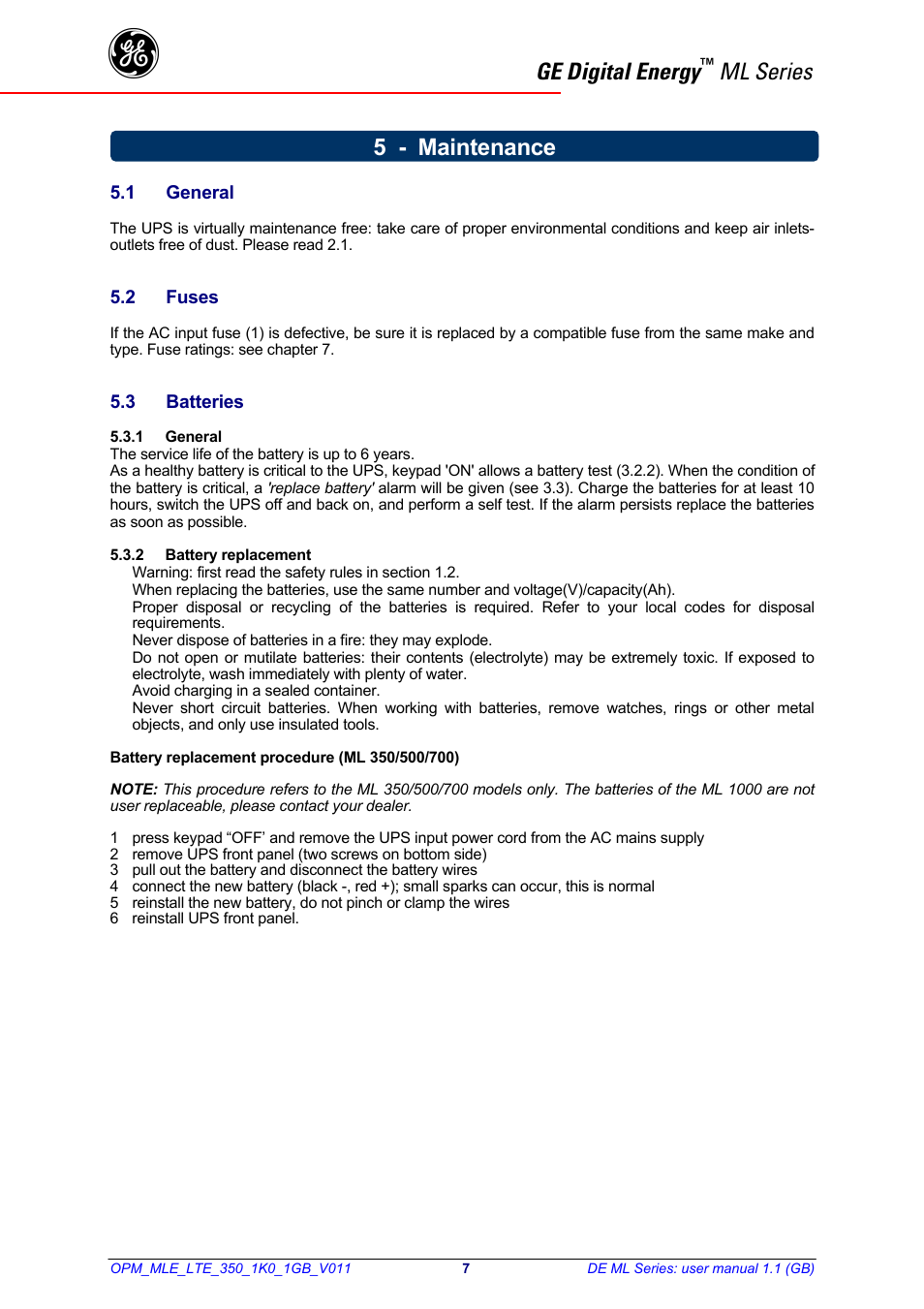 Ge digital energy, Ml series, 5 - maintenance | GE 500 User Manual | Page 8 / 10