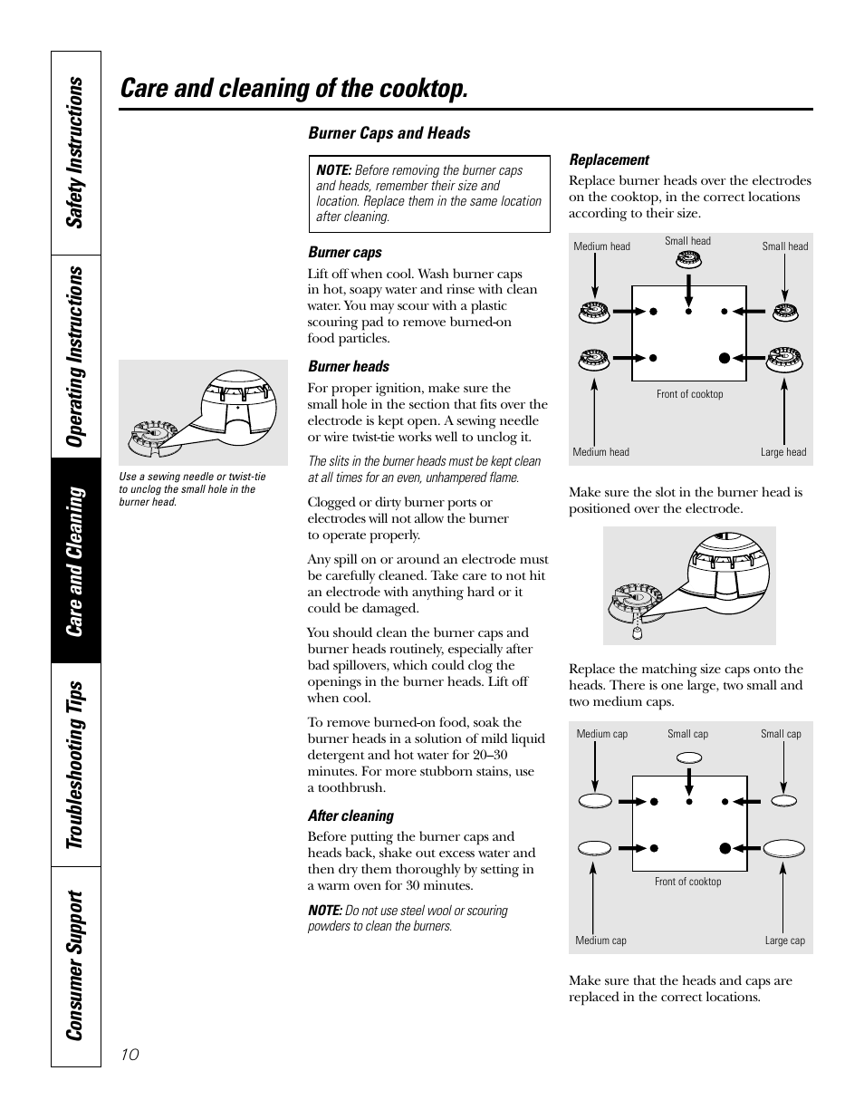 Burner caps and heads, Care and cleaning of the cooktop | GE JGP637 User Manual | Page 10 / 68