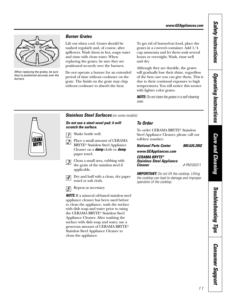 Burner grates, Stainless steel surfaces | GE JGP637 User Manual | Page 11 / 68