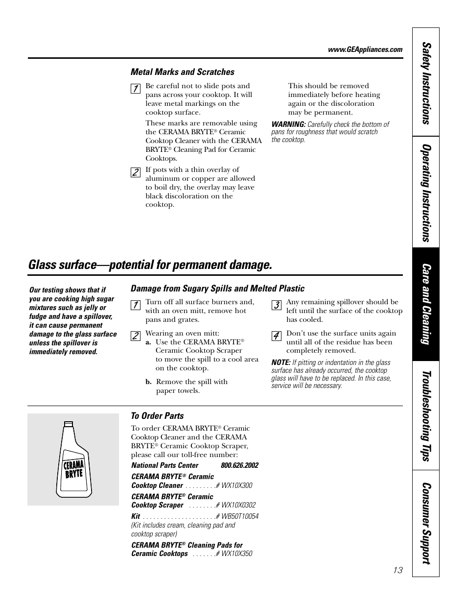 Glass surface—potential for permanent damage | GE JGP637 User Manual | Page 13 / 68
