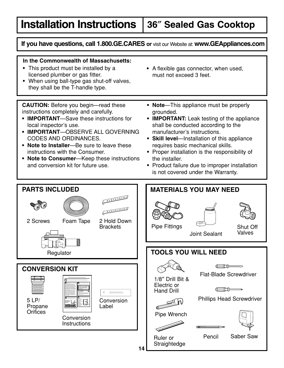 Installation instructions, 36 ″ sealed gas cooktop, Parts included | Materials you may need, If you have questions, call 1.800.ge.cares, Tools you will need | GE JGP637 User Manual | Page 14 / 68