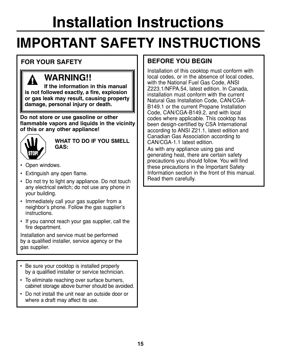 Installation instructions, Important safety instructions, Warning | GE JGP637 User Manual | Page 15 / 68