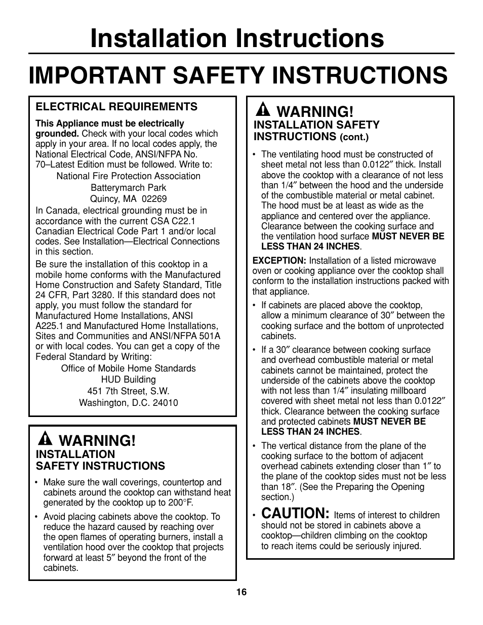 Installation instructions, Important safety instructions, Caution | Warning | GE JGP637 User Manual | Page 16 / 68