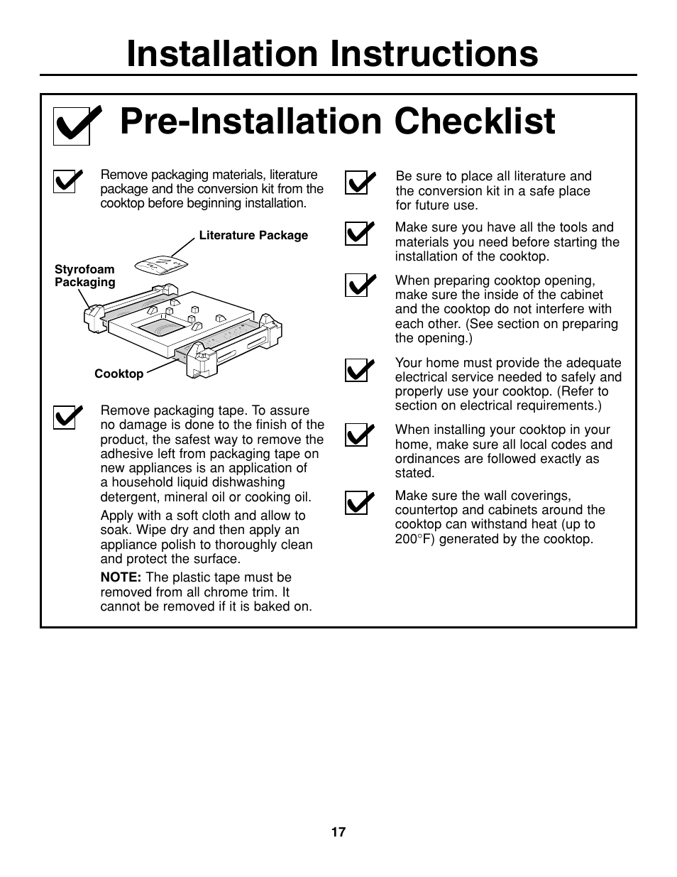 Pre-installation checklist, Installation instructions | GE JGP637 User Manual | Page 17 / 68